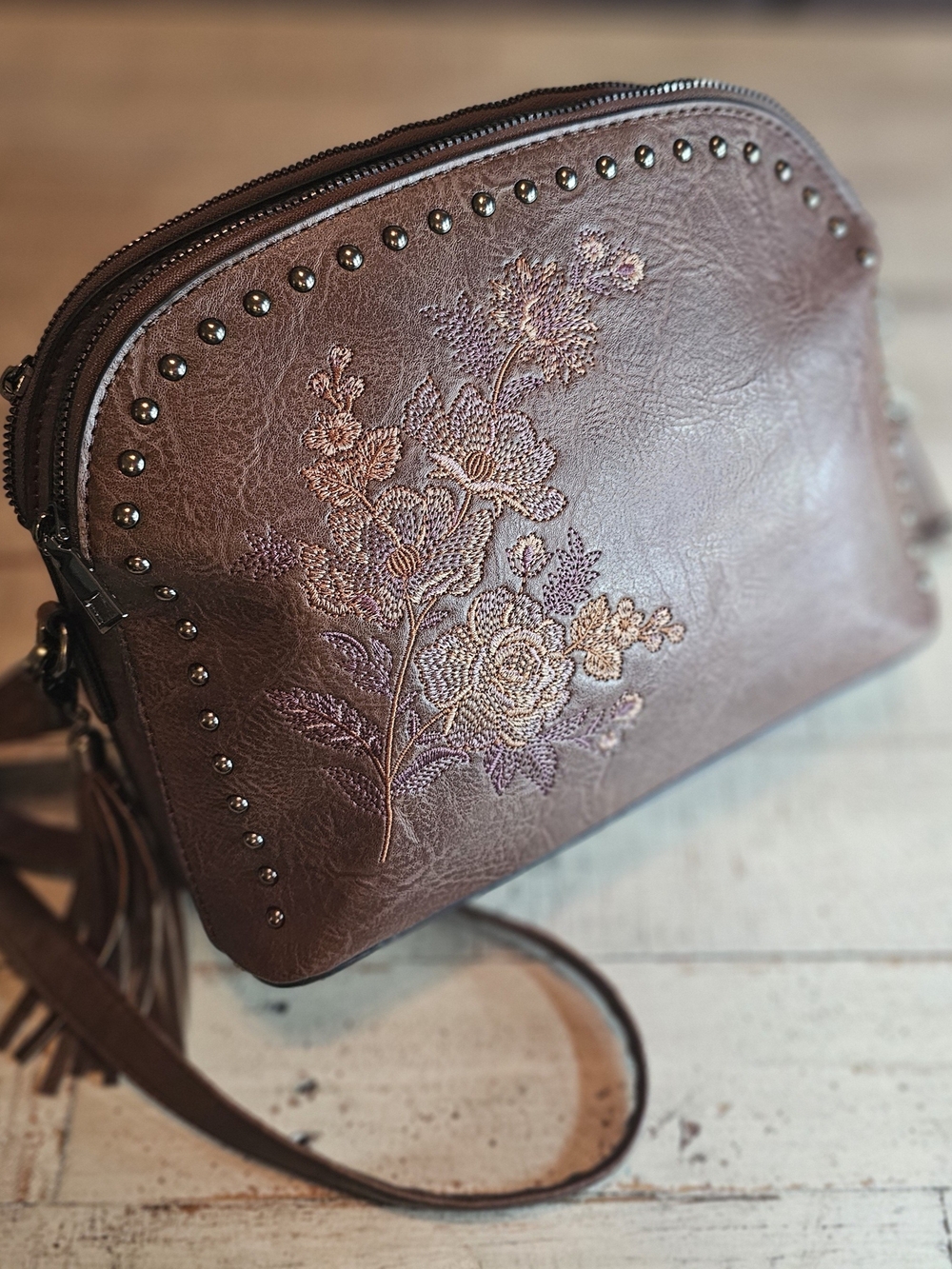 Brown Floral Embroidered Studded Crossbody Bag